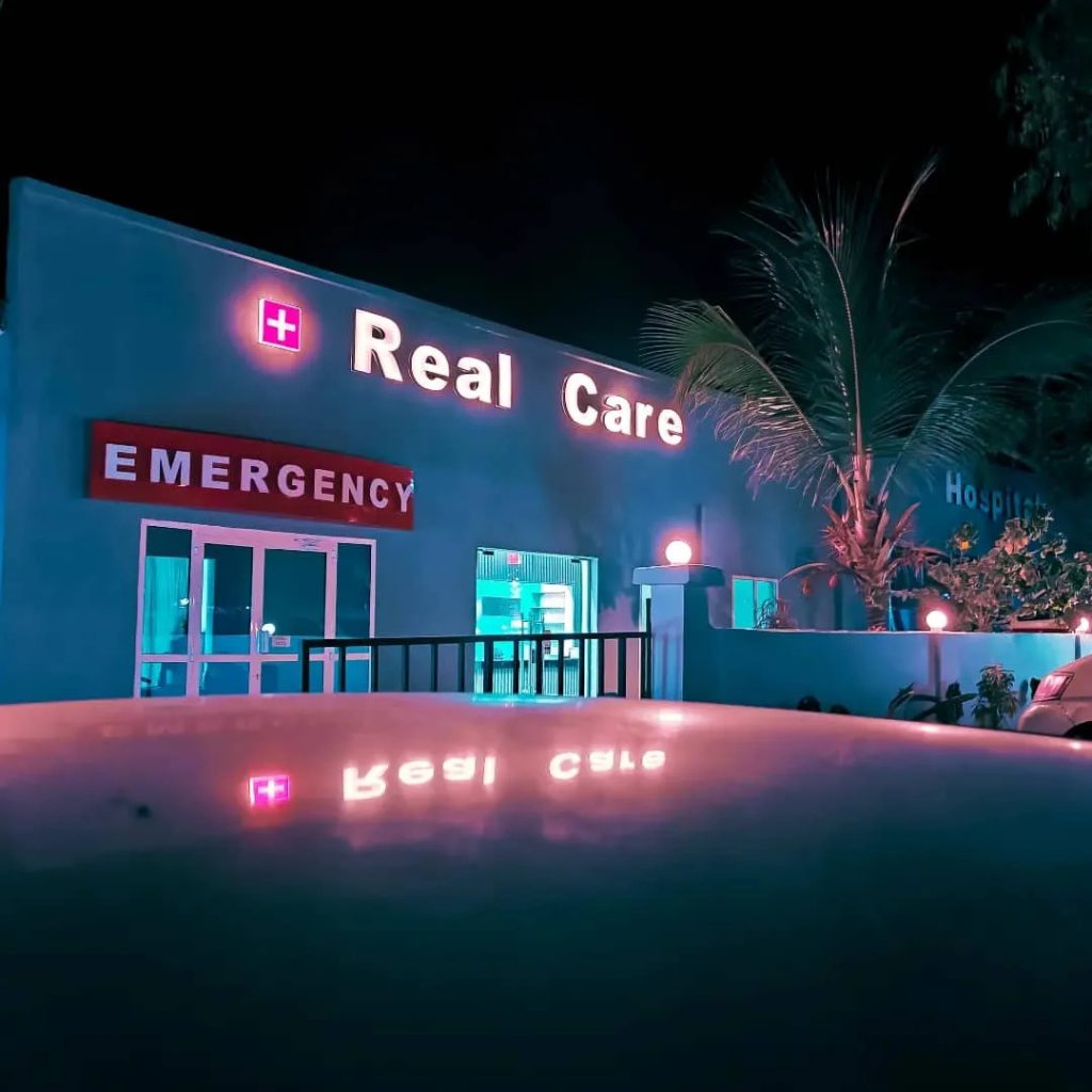 Entrance to Real Care Hospital in Nungwi at night